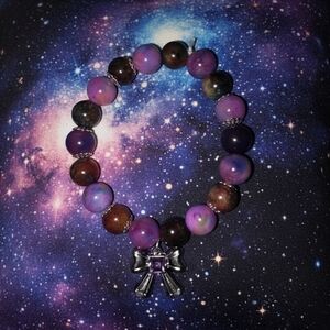 Crystal Purple Beaded Bracelet with Silver Bow Charm